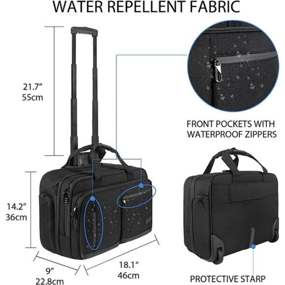17.3 Inch Rolling Laptop Bag Women Men with RFID Pockets, Waterproof, Black - Picture 2 of 6